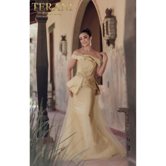 Terani Couture Gold Off-Shoulder Gown
